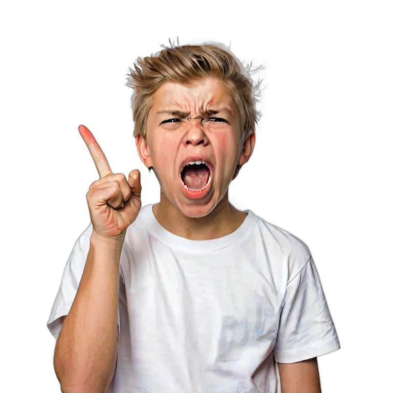 人間 怒り 叫んで指さす白人の十代の少年 透過 PNG 画像 フリー素材 #37449