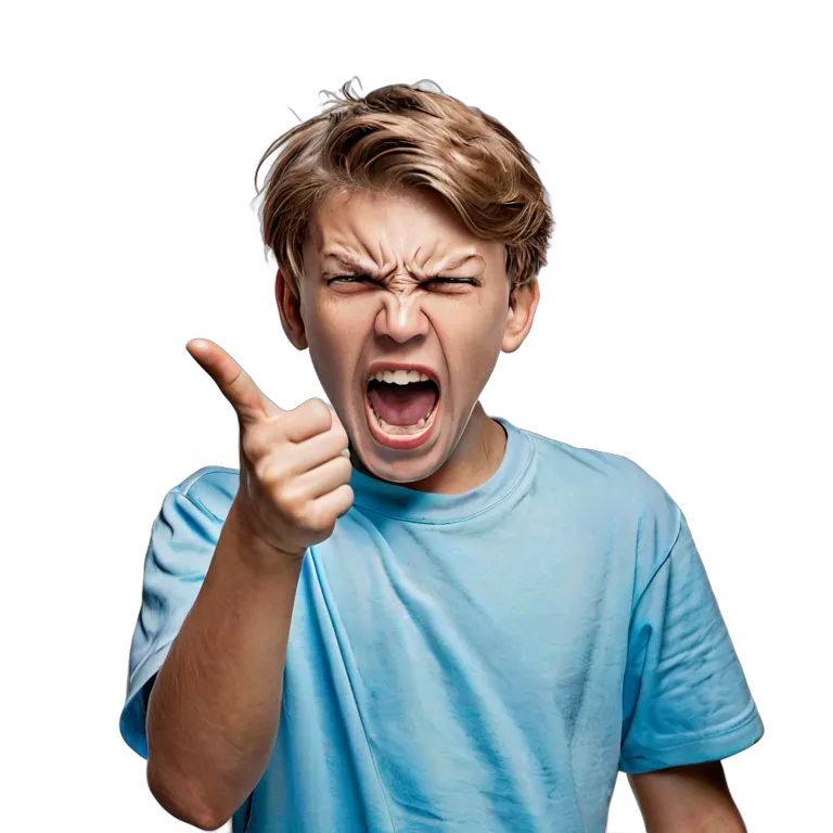 人間 怒り 叫んで指さす白人の十代の少年 透過 PNG 画像 フリー素材 #37450