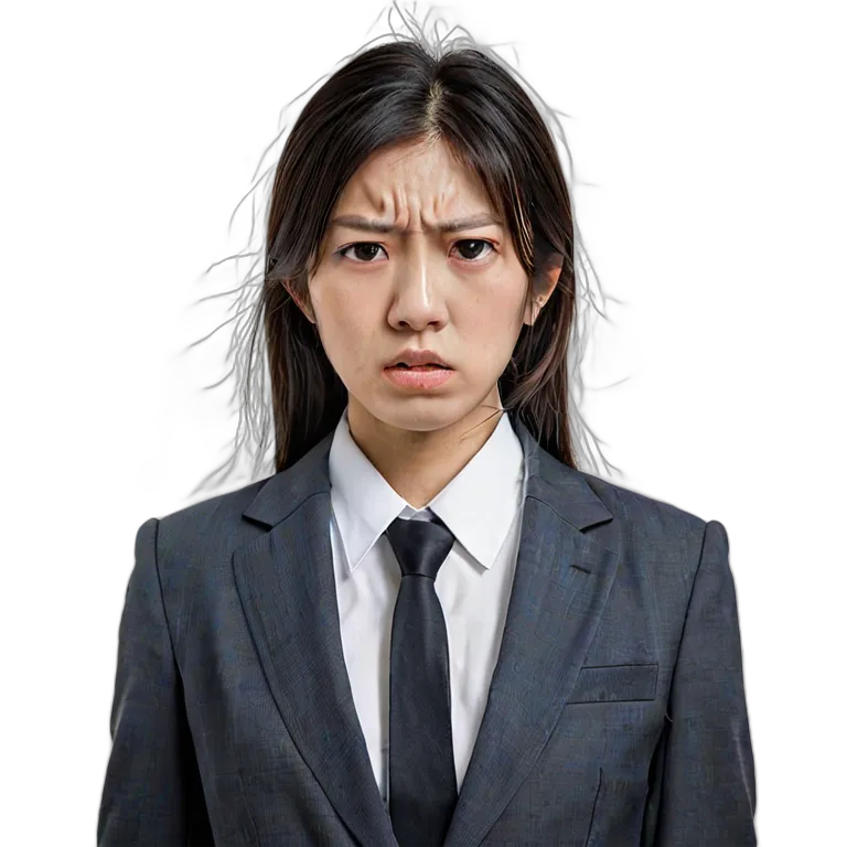 人間 怒り ビジネススーツを着た怒った表情の日本人若い女性 透過 PNG 画像 フリー素材 #37407