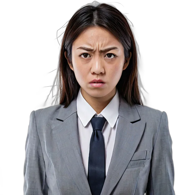 人間 怒り ビジネススーツを着た怒った表情の日本人若い女性 透過 PNG 画像 フリー素材 #37408