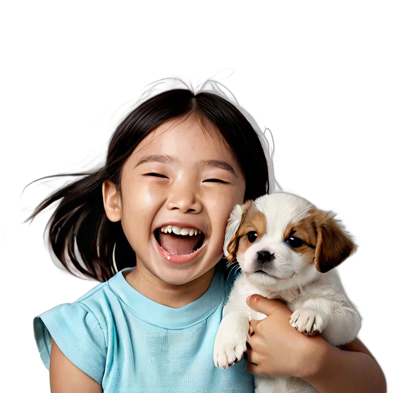 人間 喜び 子犬を見て笑う日本の女の子 透過 PNG 画像 フリー素材 #36964