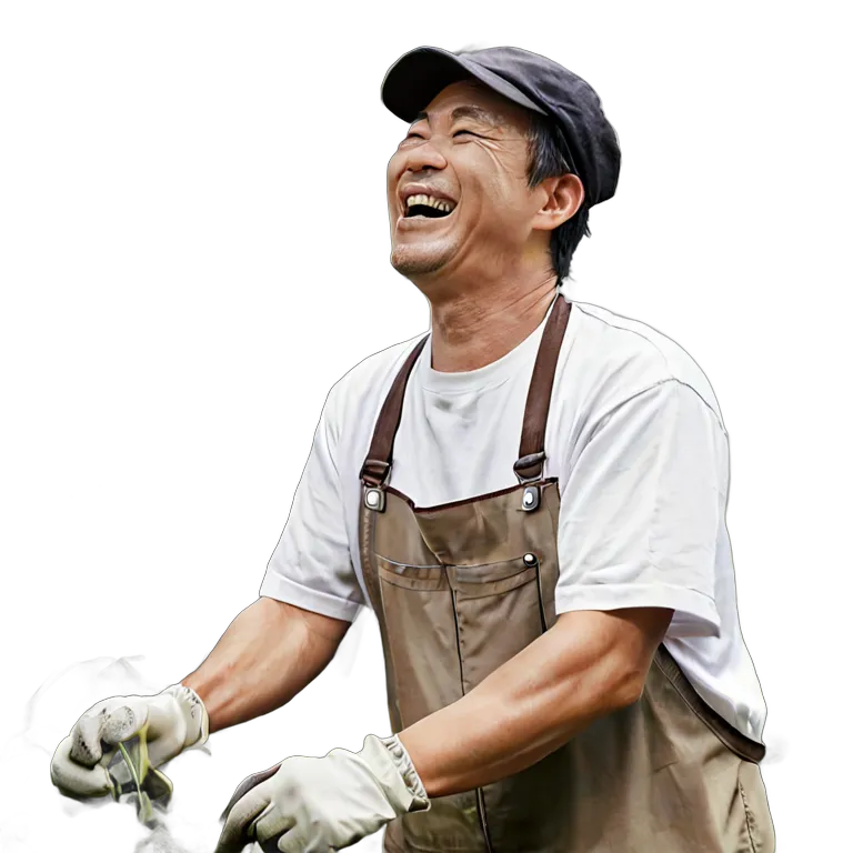 人間 喜び 庭仕事をしながら笑う日本人中年男性 透過 PNG 画像 フリー素材 #36930