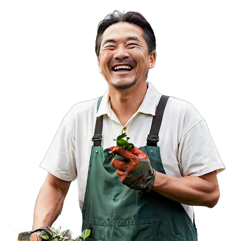 人間 喜び 庭仕事をしながら笑う日本人中年男性 透過 PNG 画像 フリー素材 #36931