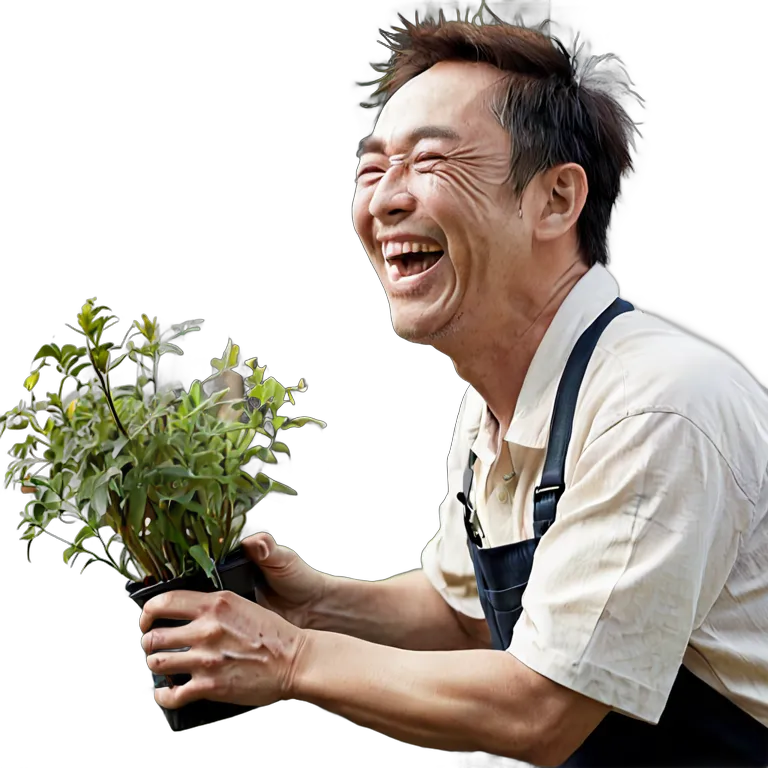 人間 喜び 庭仕事をしながら笑う日本人中年男性 透過 PNG 画像 フリー素材 #36932