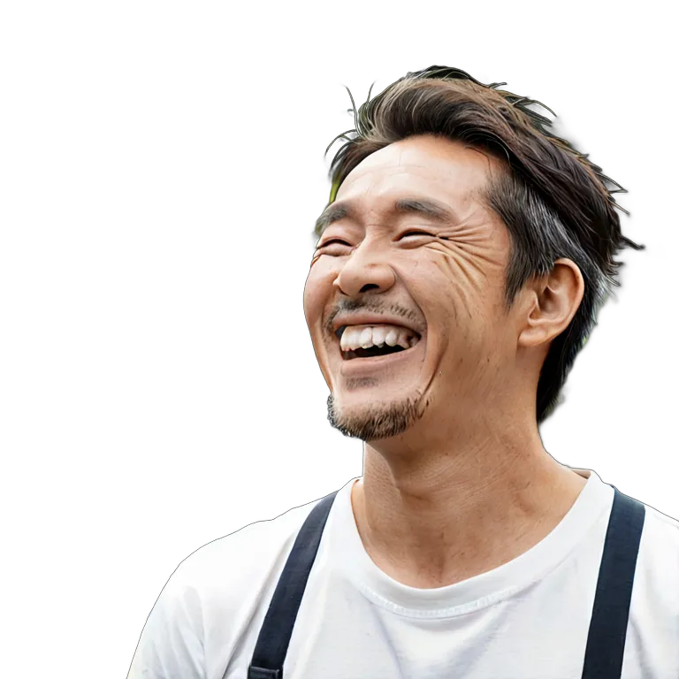 人間 喜び 庭仕事をしながら笑う日本人中年男性 透過 PNG 画像 フリー素材 #36933