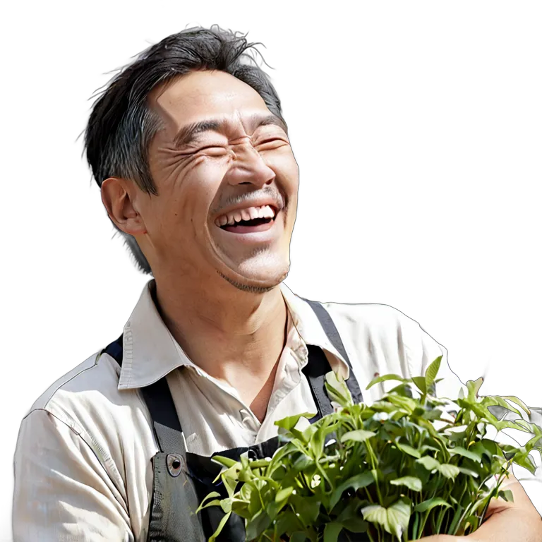 人間 喜び 庭仕事をしながら笑う日本人中年男性 透過 PNG 画像 フリー素材 #36934