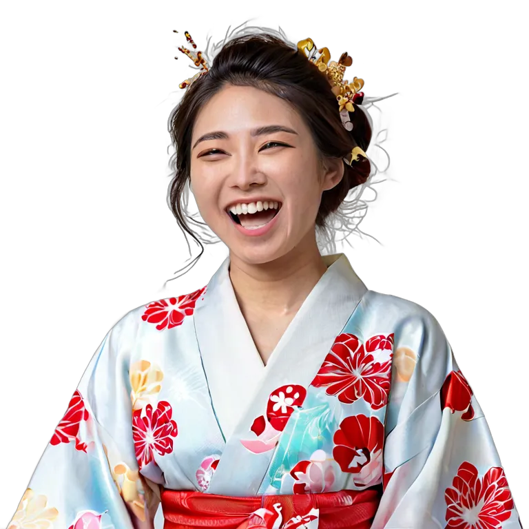 人間 喜び 着物を着て笑う日本の若い女性 透過 PNG 画像 フリー素材 #36893