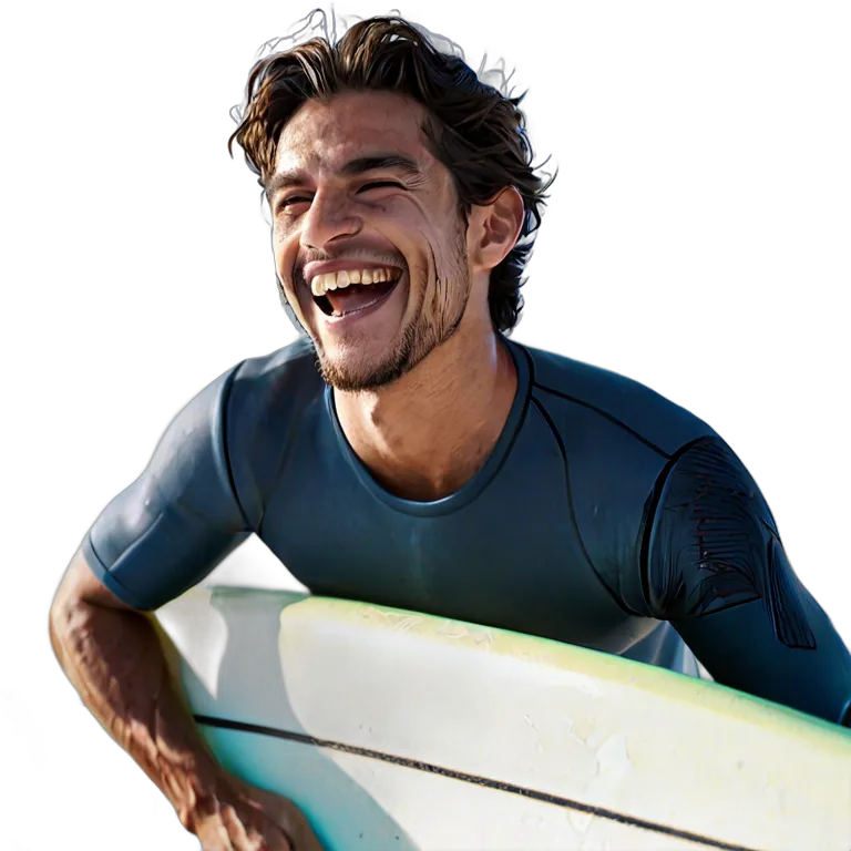人間 喜び サーフボードを持って笑う若いスペイン人男性 透過 PNG 画像 フリー素材 #36881