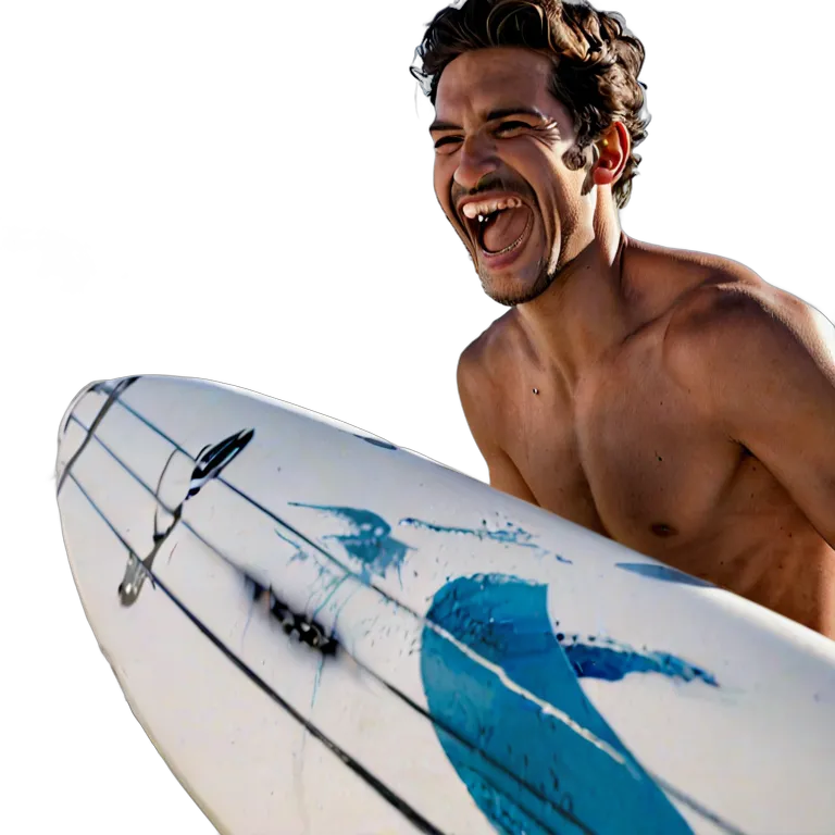 人間 喜び サーフボードを持って笑う若いスペイン人男性 透過 PNG 画像 フリー素材 #36882