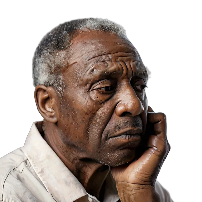 人間 悲しみ 悲しそうに考え込むアフリカ系アメリカ人の年配の男性 透過 PNG 画像 フリー素材 #37848