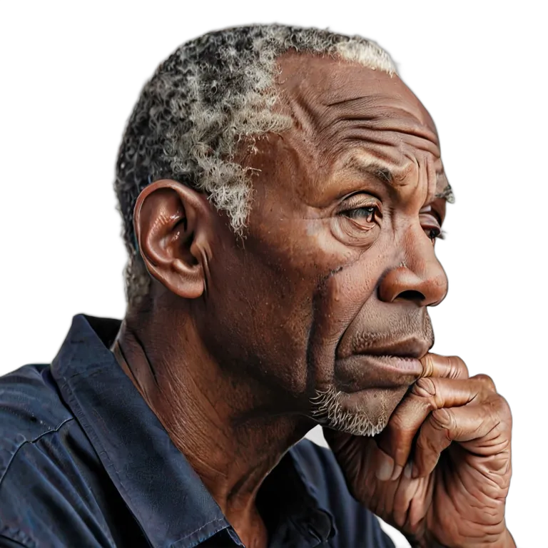 人間 悲しみ 悲しそうに考え込むアフリカ系アメリカ人の年配の男性 透過 PNG 画像 フリー素材 #37852