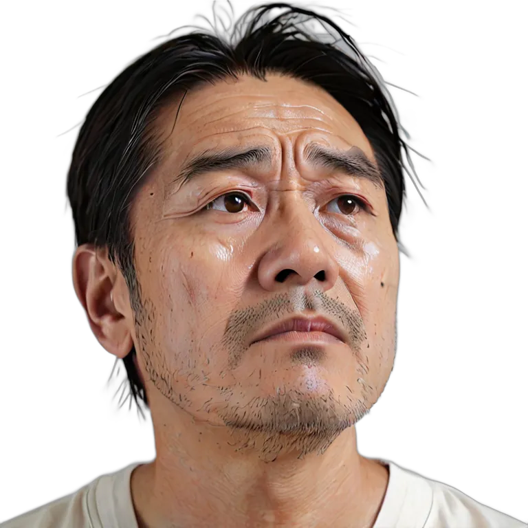 人間 悲しみ 悲しそうに上を見上げる日本人中年男性 透過 PNG 画像 フリー素材 #37857