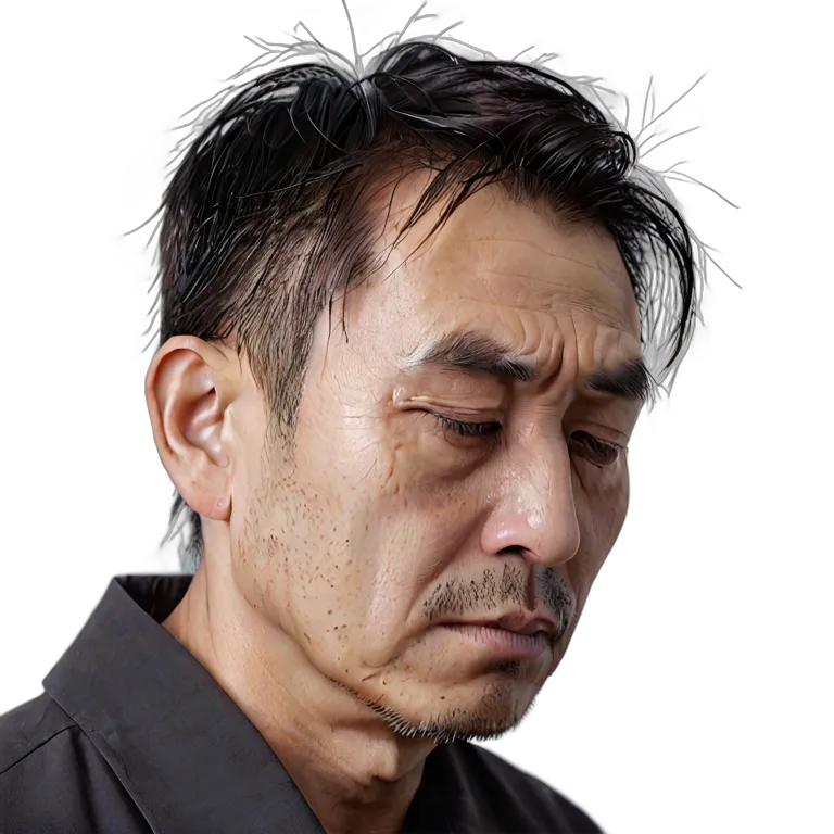 人間 悲しみ 悲しそうにうつむいている中年の日本人男性 透過 PNG 画像 フリー素材 #37928