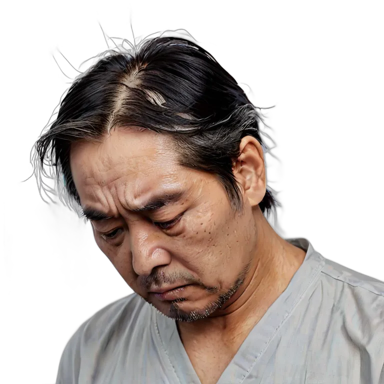 人間 悲しみ 悲しそうにうつむいている中年の日本人男性 透過 PNG 画像 フリー素材 #37930