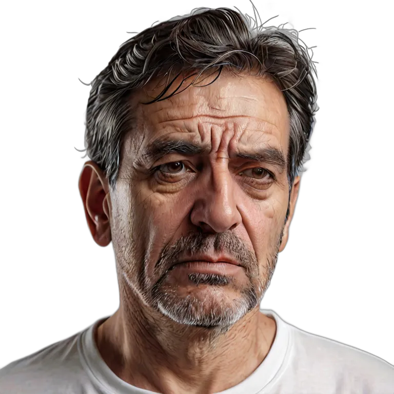 人間 悲しみ 悲しそうで疲れた表情の中年スペイン人男性 透過 PNG 画像 フリー素材 #37939