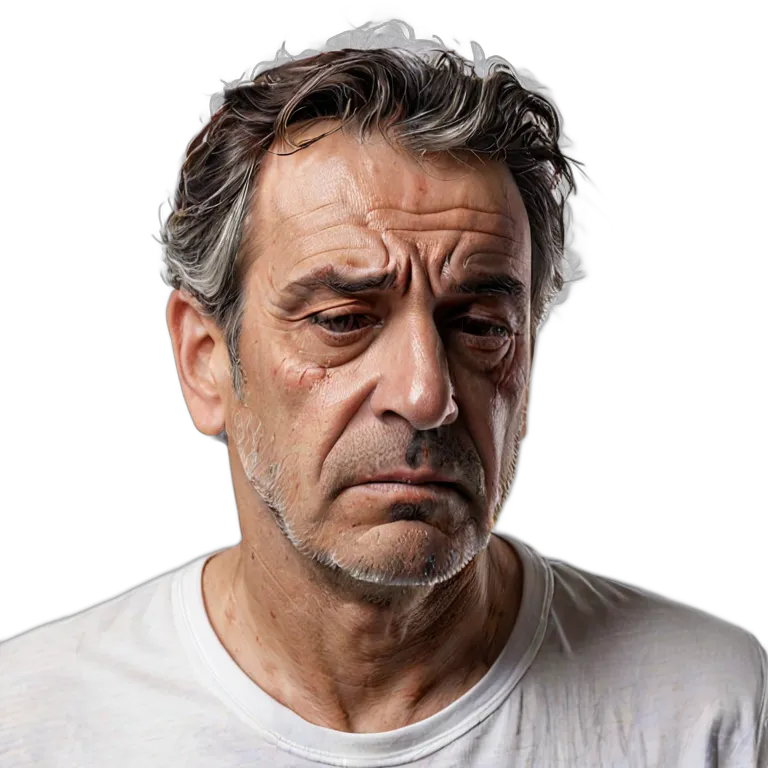 人間 悲しみ 悲しそうで疲れた表情の中年スペイン人男性 透過 PNG 画像 フリー素材 #37941