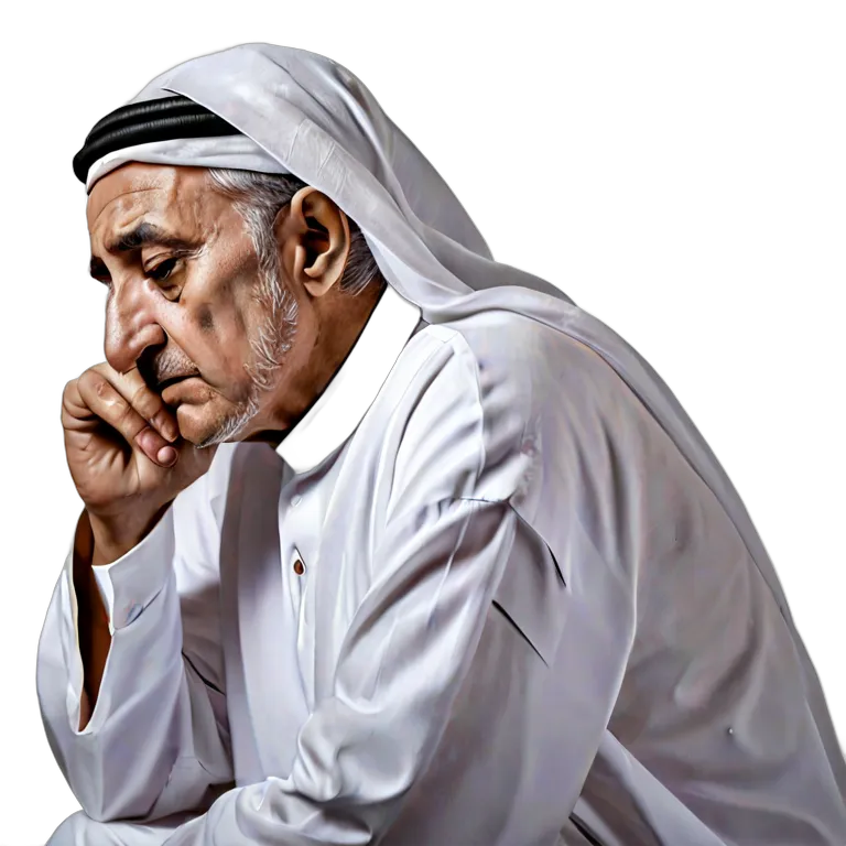 人間 悲しみ 悲しそうに床を見つめる年配のアラブ人男性 透過 PNG 画像 フリー素材 #37932