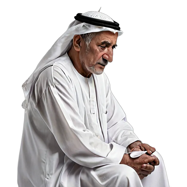 人間 悲しみ 悲しそうに床を見つめる年配のアラブ人男性 透過 PNG 画像 フリー素材 #37933