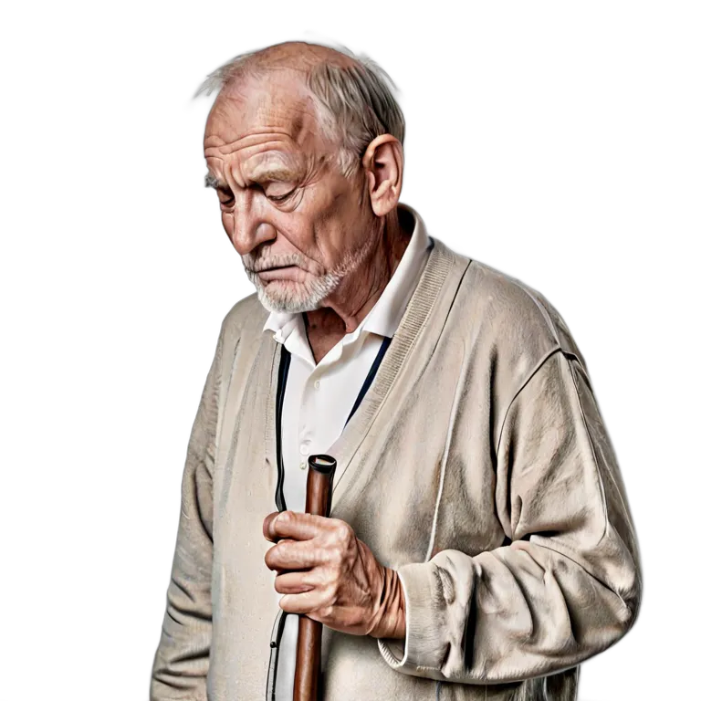 人間 悲しみ 悲しそうな表情で杖を持っている年配の白人男性 透過 PNG 画像 フリー素材 #37879