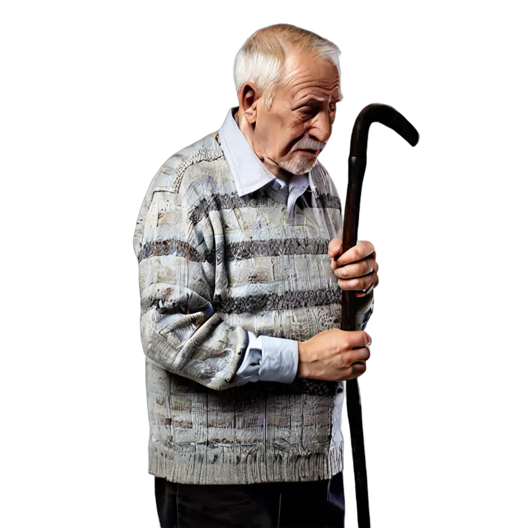 人間 悲しみ 悲しそうな表情で杖を持っている年配の白人男性 透過 PNG 画像 フリー素材 #37880