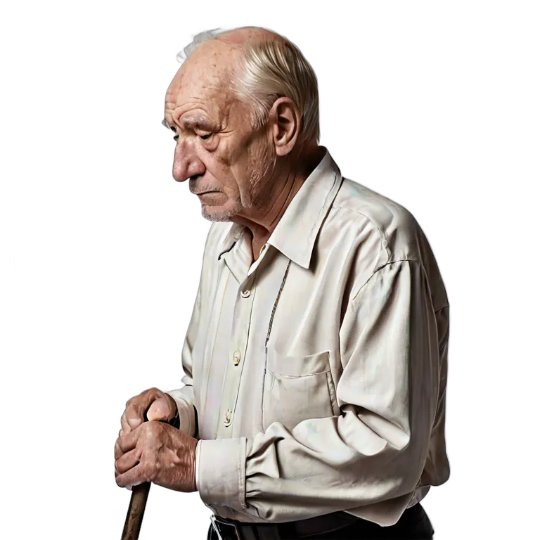 人間 悲しみ 悲しそうな表情で杖を持っている年配の白人男性 透過 PNG 画像 フリー素材 #37881