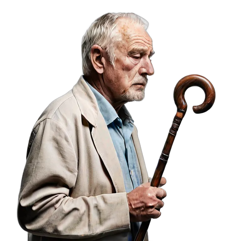 人間 悲しみ 悲しそうな表情で杖を持っている年配の白人男性 透過 PNG 画像 フリー素材 #37882