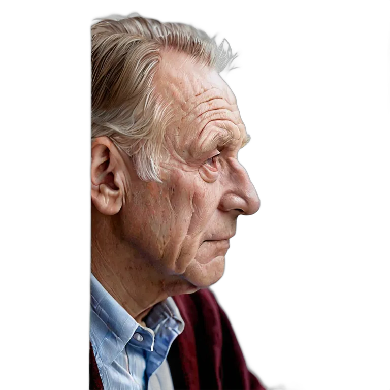 人間 悲しみ 悲しそうに窓を見ている年配の白人男性 透過 PNG 画像 フリー素材 #37923