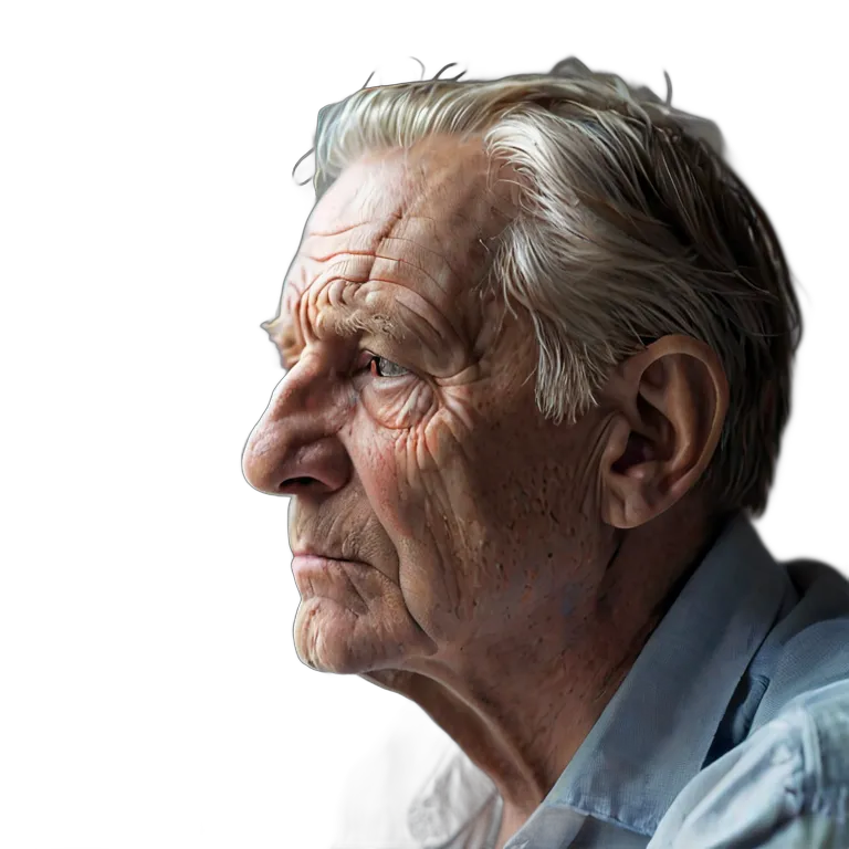 人間 悲しみ 悲しそうに窓を見ている年配の白人男性 透過 PNG 画像 フリー素材 #37924