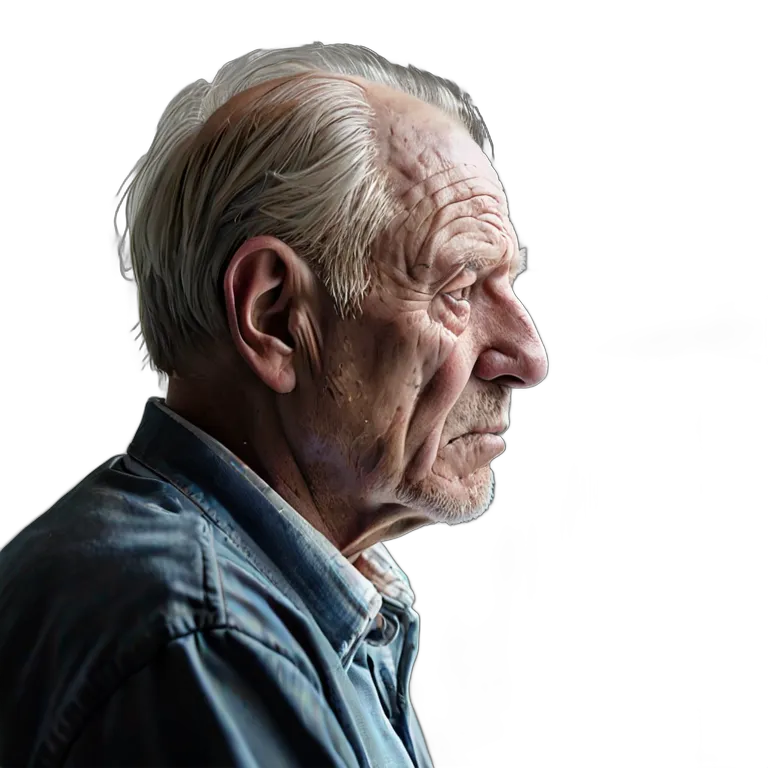 人間 悲しみ 悲しそうに窓を見ている年配の白人男性 透過 PNG 画像 フリー素材 #37925