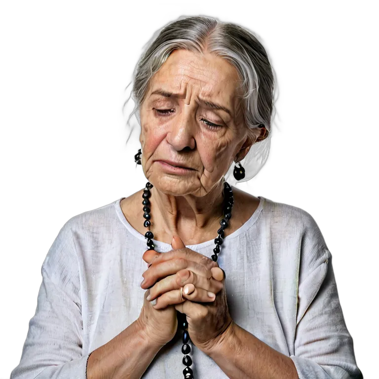 人間 悲しみ 悲しそうな表情でロザリオを持っているスペイン人の年配女性 透過 PNG 画像 フリー素材 #37892