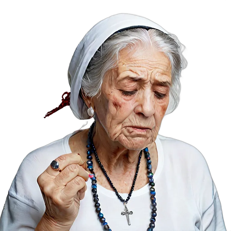 人間 悲しみ 悲しそうな表情でロザリオを持っているスペイン人の年配女性 透過 PNG 画像 フリー素材 #37893