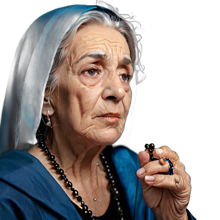 人間 悲しみ 悲しそうな表情でロザリオを持っているスペイン人の年配女性 透過 PNG 画像 フリー素材 #37894