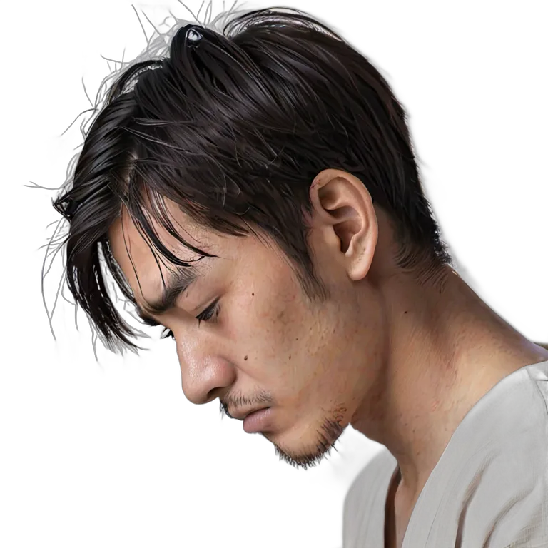 人間 悲しみ 悲しそうにうつむいている若い日本人男性 透過 PNG 画像 フリー素材 #37884