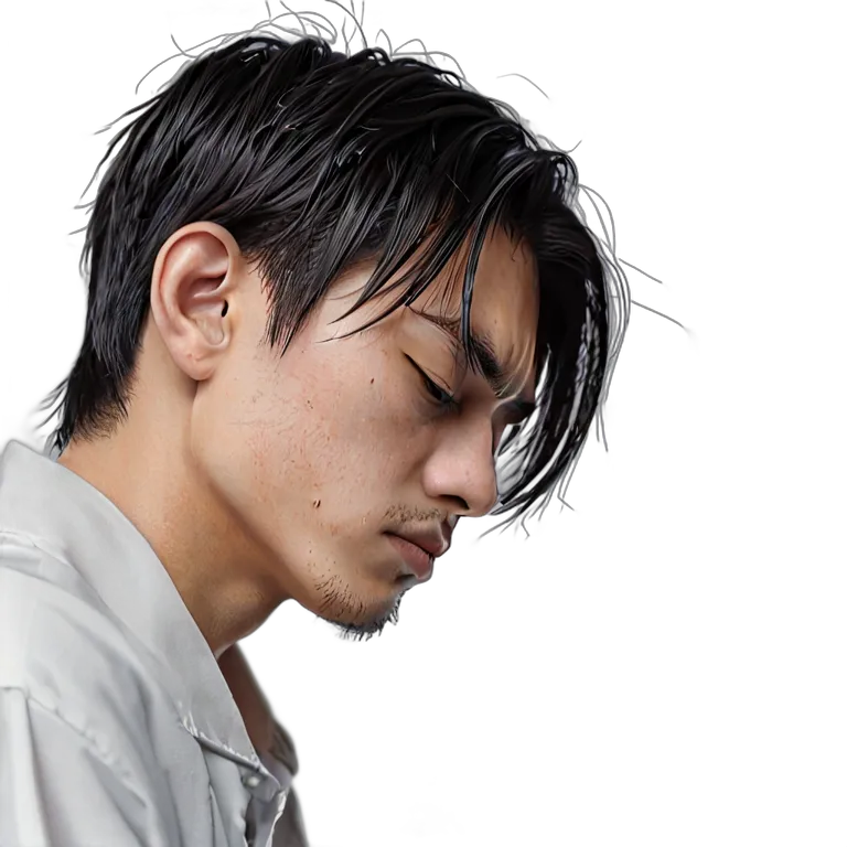 人間 悲しみ 悲しそうにうつむいている若い日本人男性 透過 PNG 画像 フリー素材 #37885