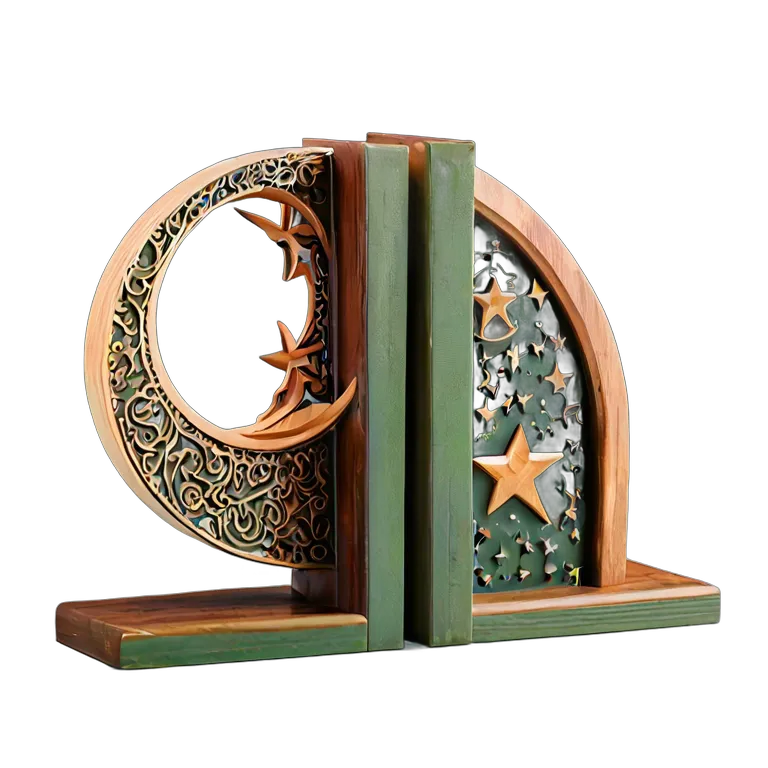 行事 イード 月と星のデザインが施された木製ブックエンド 透過 PNG 画像 フリー素材 #27457