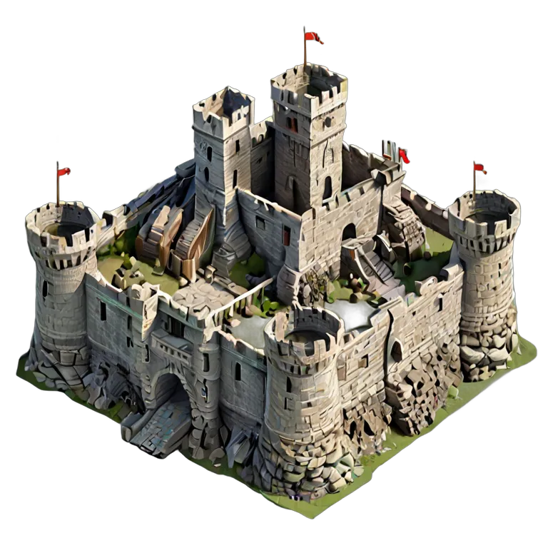 建物 城 壁に多数のカタパルトが設置された重厚な石造りの城 透過 PNG 画像 フリー素材 #29534