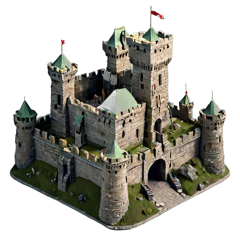 建物 城 壁に多数のカタパルトが設置された重厚な石造りの城 透過 PNG 画像 フリー素材 #29535