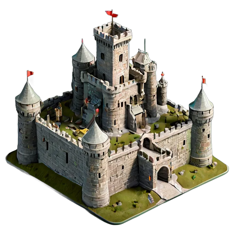 建物 城 壁に多数のカタパルトが設置された重厚な石造りの城 透過 PNG 画像 フリー素材 #29536