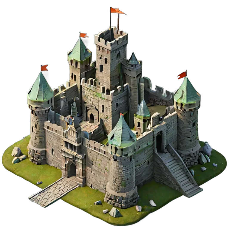 建物 城 壁に多数のカタパルトが設置された重厚な石造りの城 透過 PNG 画像 フリー素材 #29537