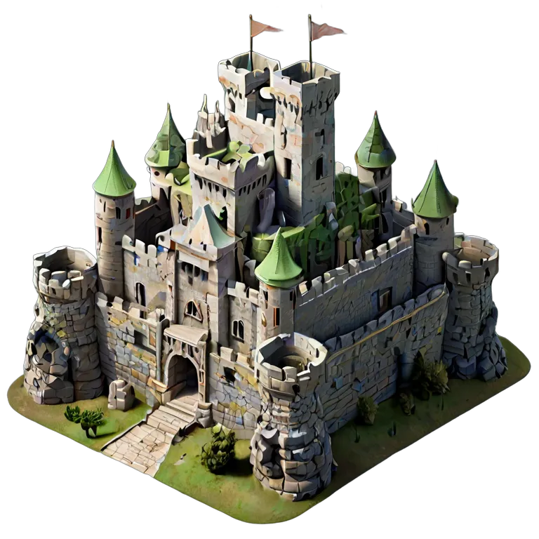 建物 城 壁に多数のカタパルトが設置された重厚な石造りの城 透過 PNG 画像 フリー素材 #29538