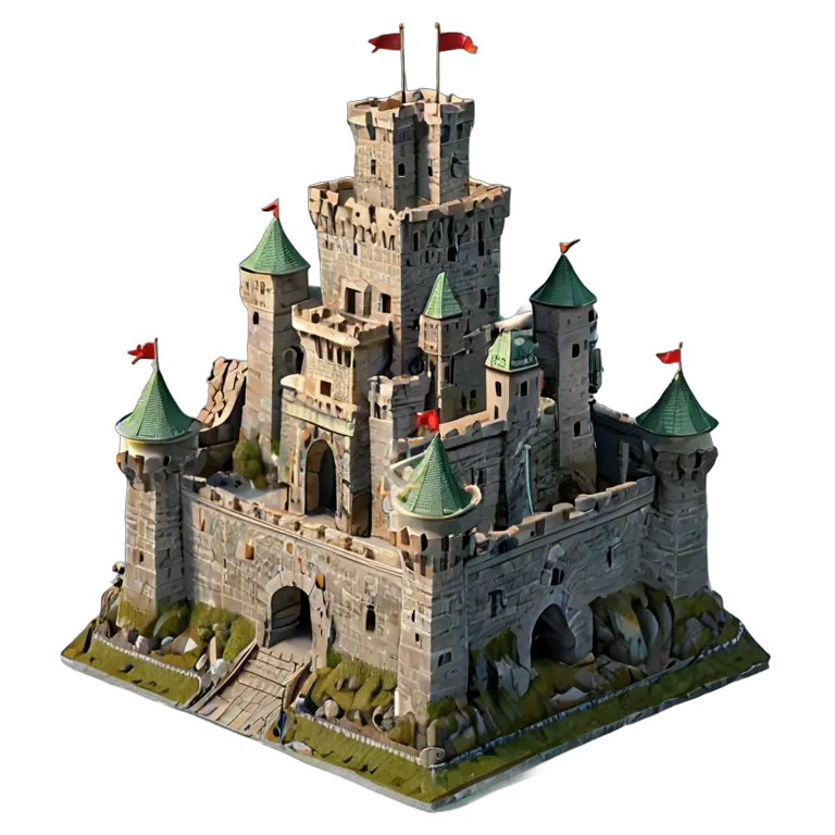 建物 城 壁に多数のカタパルトが設置された重厚な石造りの城 透過 PNG 画像 フリー素材 #29539