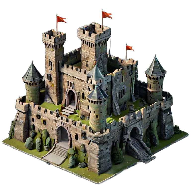 建物 城 壁に多数のカタパルトが設置された重厚な石造りの城 透過 PNG 画像 フリー素材 #29540